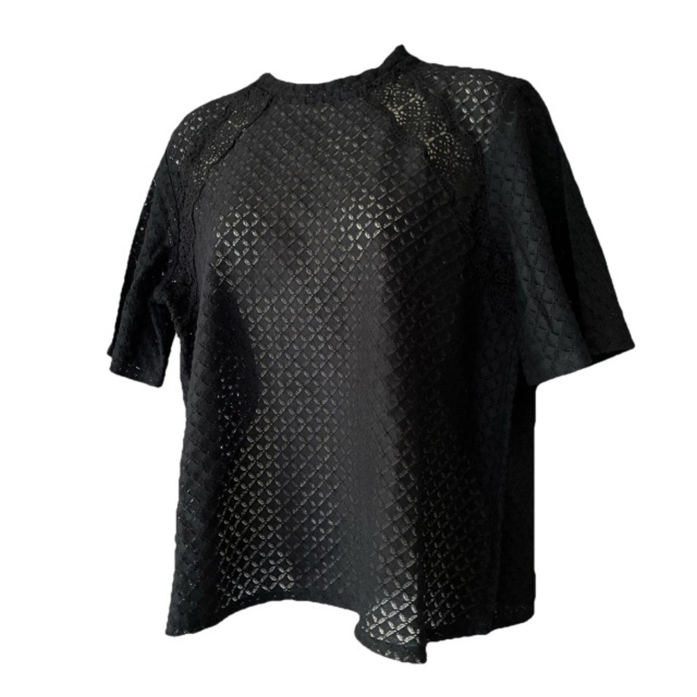 Ann Taylor LOFT Women Boxy Short Sleeve Top Laser Cut Black Diamond Lace Weave L